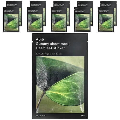 Abib, Μάσκα ομορφιάς Gummy, αυτοκόλλητο Heartleaf, 10 φύλλα, 0,91 fl oz (27 ml) έκαστο