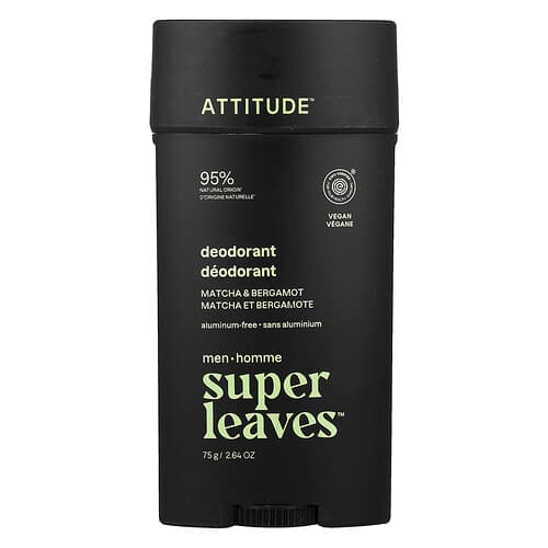 ATTITUDE, Super Leaves™, Αποσμητικό Χωρίς Αλουμίνιο, Για Άνδρες, Μάτσα & Περγαμόντο, 75 γρ.