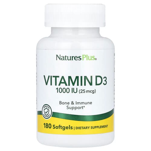 NaturesPlus, Βιταμίνη D3, 25 mcg (1.000 IU), 180 μαλακές γέλη