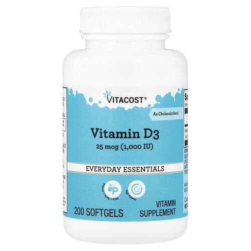 Vitacost, Βιταμίνη D3, 25 mcg (1.000 IU), 200 μαλακές κάψουλες