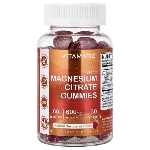 Vitamatic, Vegan ζελεδάκια κιτρικού μαγνησίου, φυσικό σμέουρο, 60 ζελεδάκια