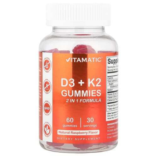 Vitamatic, Ζελεδάκια D3 + K2, Φυσικό Βατόμουρο, 60 Ζελεδάκια