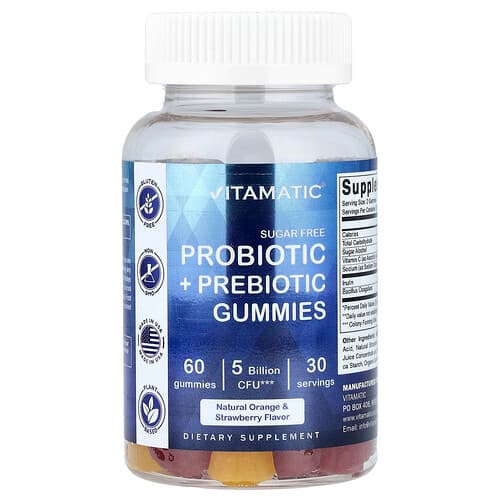 Vitamatic, Προβιοτικά + Πρεβιοτικά Ζελεδάκια, Χωρίς Ζάχαρη, Φυσικό Πορτοκάλι & Φράουλα,