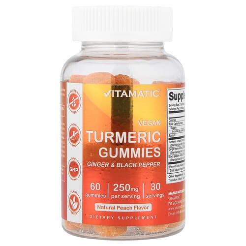Vitamatic, Vegan Gummies κουρκουμάς, φυσικό ροδάκινο, 60 Gummies