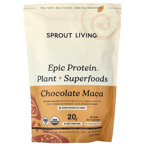 Sprout Living, Epic Protein®, Φυτικά + Υπερτροφές, Σοκολατένια Μάκα, 456 γρ.